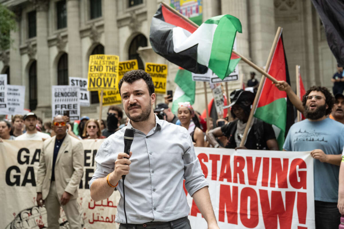 Mahmoud Khalil, former Columbia University graduate student known for his role in the 2024 Columbia University pro-Palestinian protests, speaks at a Pro-Palestinian "March for Humanity" rally against the humanitarian crisis in Gaza on August 16, 2025, in New York City.