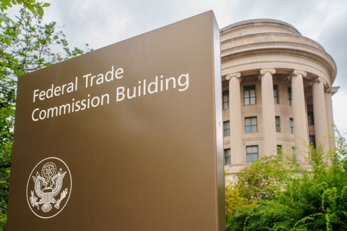 Sign in front of the Federal Trade Commission (FTC) headquarters in Washington, D.C.