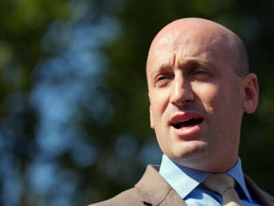 White House Deputy Chief Of Staff Stephen Miller speaks to members of the media outside the White House on August 29, 2025, in Washington, D.C.