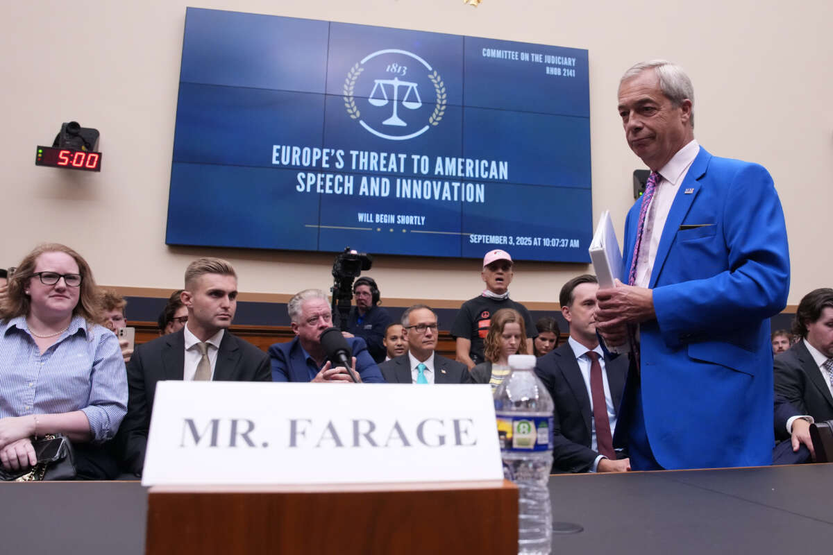 Reform UK Leader Nigel Farage arrives to testify before the House Judiciary Committee in the Rayburn House Office Building on September 3, 2025, in Washington, D.C.