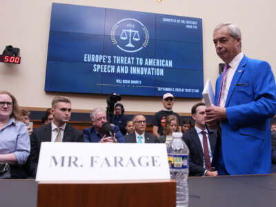 Reform UK Leader Nigel Farage arrives to testify before the House Judiciary Committee in the Rayburn House Office Building on September 3, 2025, in Washington, D.C.