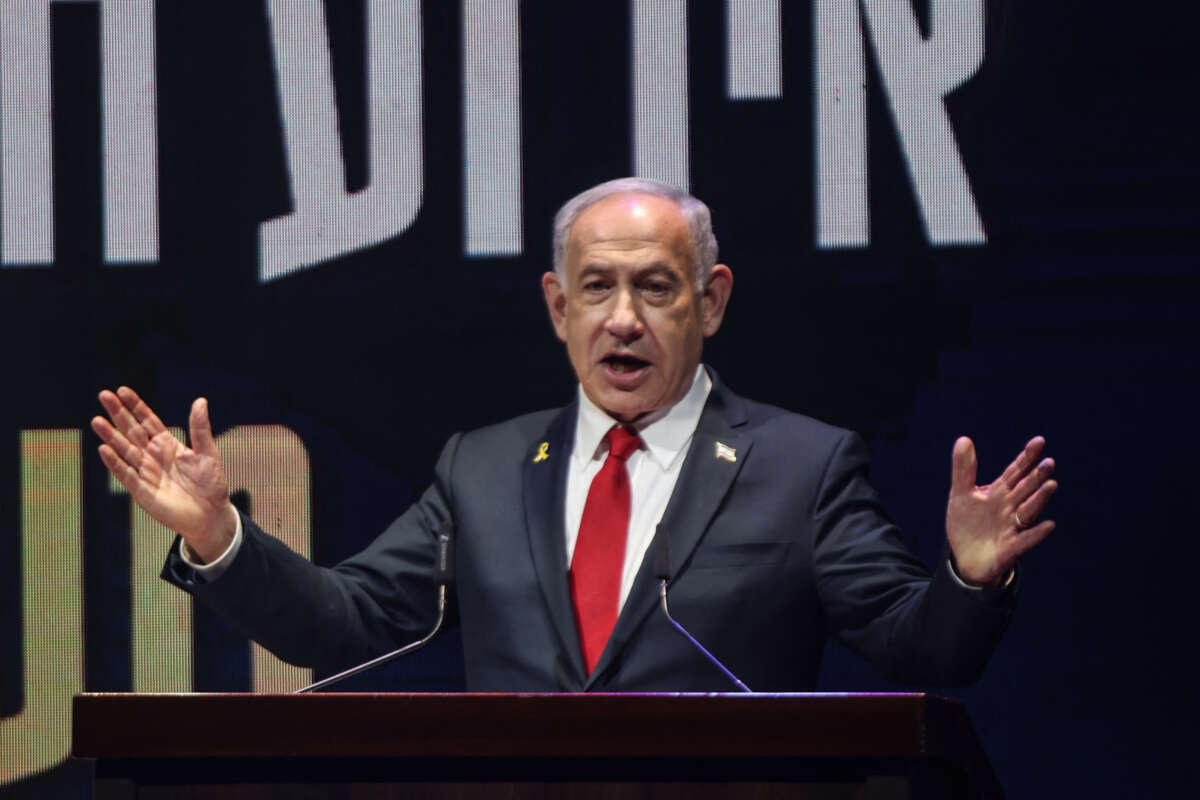 Israeli Prime Minister Benjamin Netanyahu delivers a speech during a signing ceremony for a framework agreement, aiming to speed up development in the Israeli settlement of Maale Adumim, in the occupied-West Bank settlement on September 11, 2025.