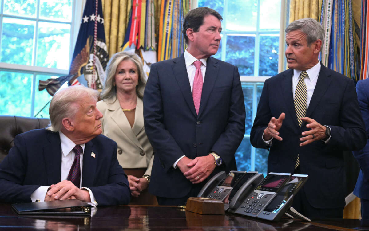 Tennessee Governor Bill Lee (R) speaks as U.S. President Donald Trump signs an order sending National Guard to Memphis, in the Oval Office of the White House in Washington, D.C., on September 15, 2025.