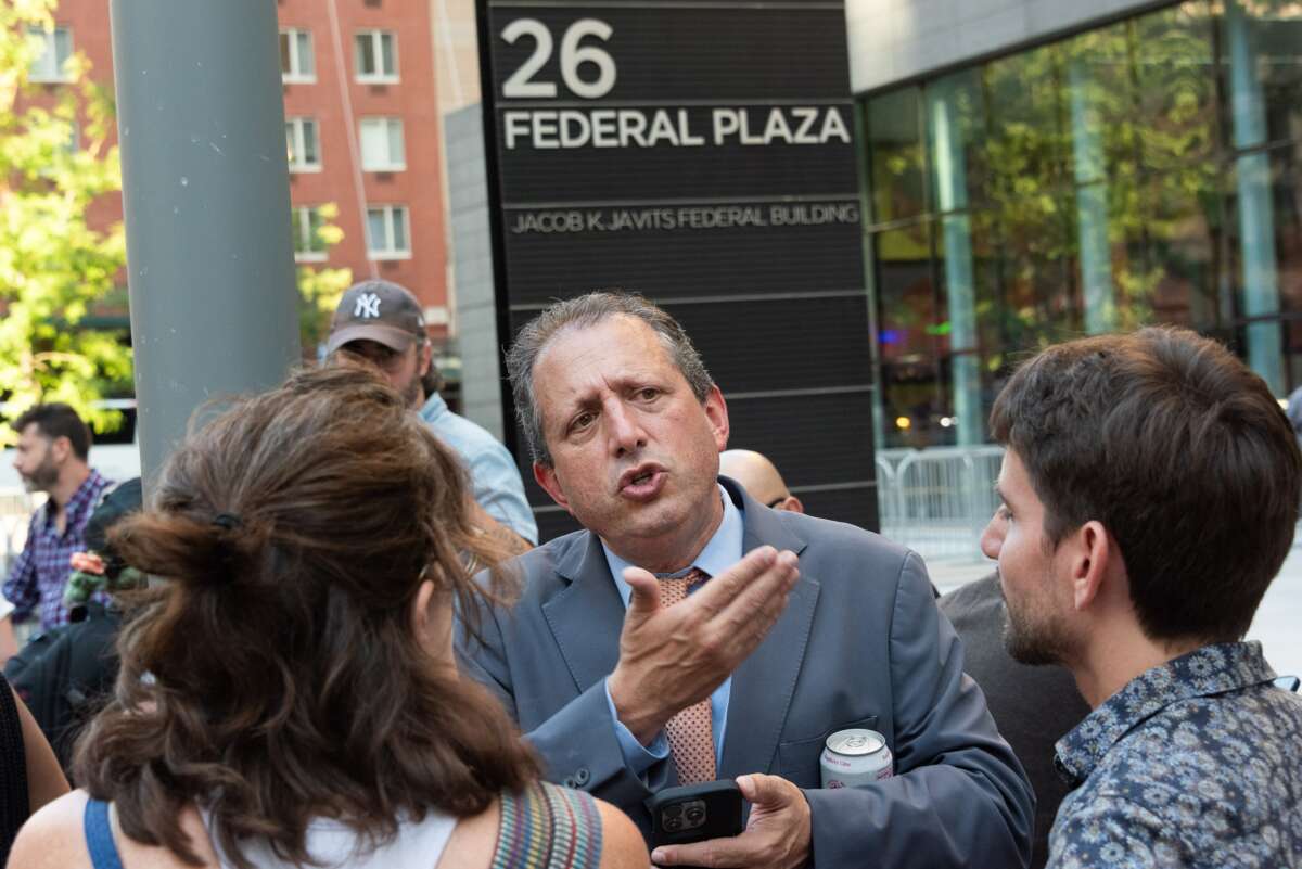 City Comptroller Brad Lander speaks to the media outside 26 Federal Plaza in Manhattan, New York City, on September 18, 2025.