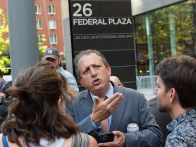 City Comptroller Brad Lander speaks to the media outside 26 Federal Plaza in Manhattan, New York City, on September 18, 2025.