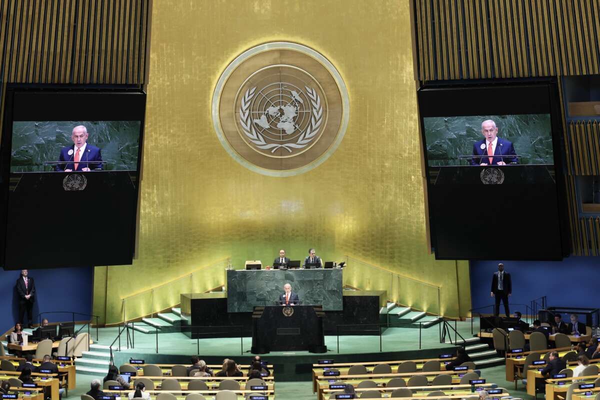 Israeli Prime Minister Benjamin Netanyahu addresses world leaders during the United Nations General Assembly at the United Nations headquarters in New York City on September 26, 2025.