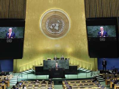 Israeli Prime Minister Benjamin Netanyahu addresses world leaders during the United Nations General Assembly at the United Nations headquarters in New York City on September 26, 2025.