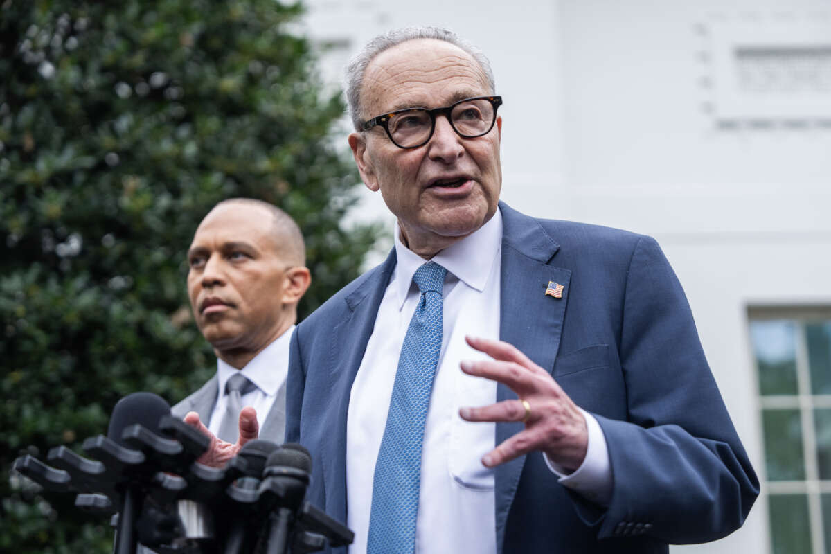 Senate Minority Leader Charles Schumer and House Minority Leader Hakeem Jeffries conduct a news conference after a meeting with President Donald Trump, Speaker of the House Mike Johnson, Vice President JD Vance, and Senate Majority Leader John Thune, about avoiding a shutdown ahead of the deadline to fund the government, at the White House on September 29, 2025.
