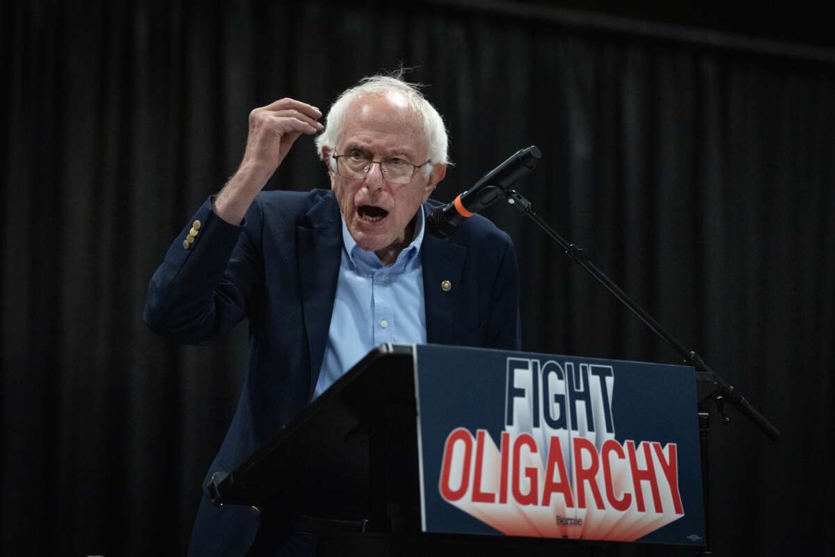 Sen. Bernie Sanders (I-Vermont) speaks to guests during the first stop on his "Fighting Oligarchy" tour, Midwest swing, at the RiverCenter on August 22, 2025 in Davenport, Iowa.