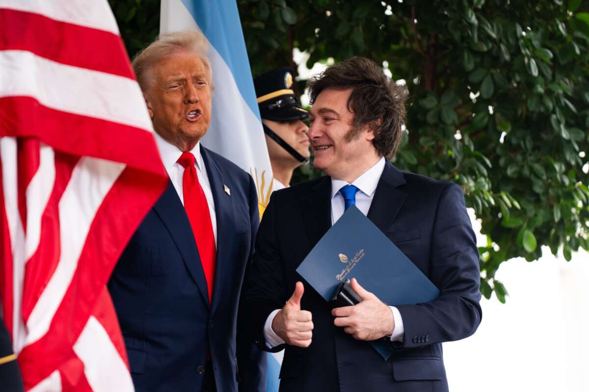 U.S. President Donald Trump greets President of Argentina Javier Milei as he arrives at the West Wing of the White House on Tuesday October 14, 2025.