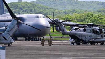 A US Air Force Boeing C-5 Galaxy is parked at José Aponte de la Torre Airport, formerly Roosevelt Roads Naval Station, on September 13, 2025 in Ceiba, Puerto Rico.
