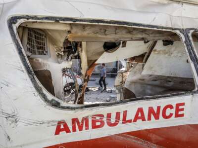 A destroyed ambulance in Gaza is depicted on September 14, 2025. Ambulances and emergency vehicles have been put out of service due to shelling and destruction by Israeli bulldozers during incursions into several cities.