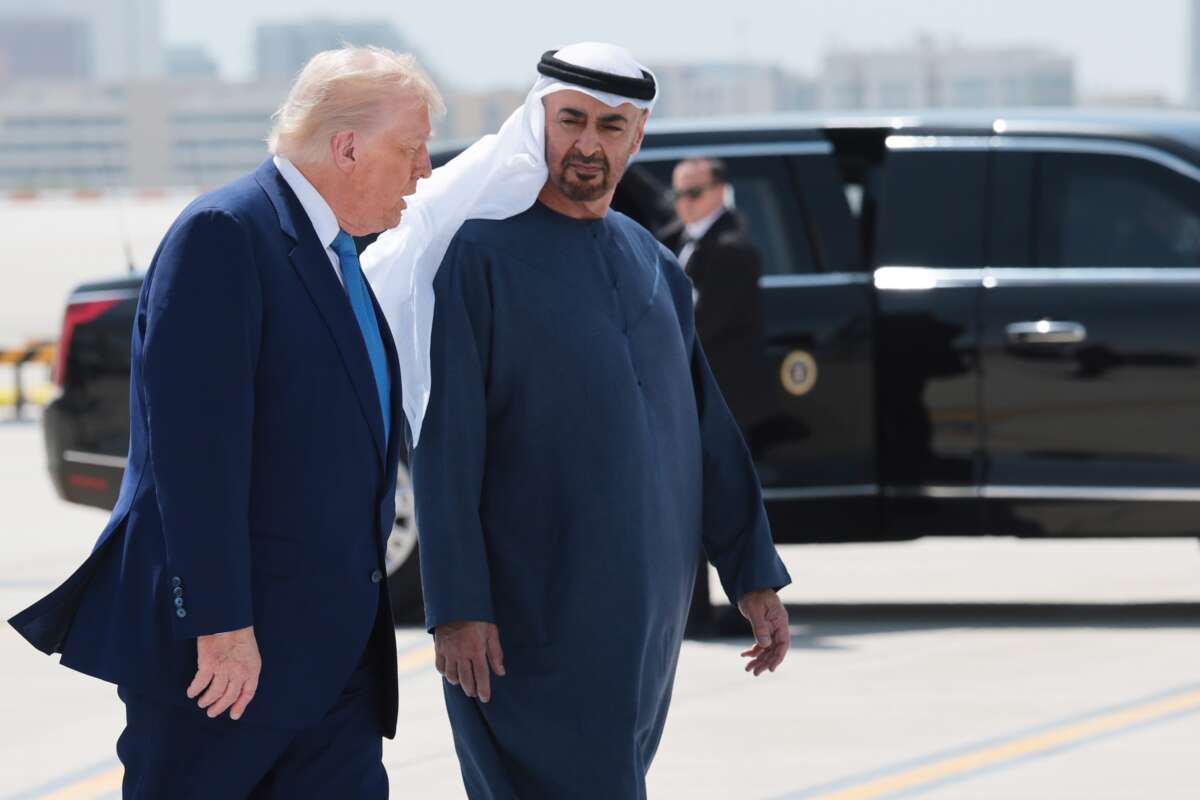 U.S. President Donald J. Trump talks to UAE President Sheikh Mohamed bin Zayed Al Nahyan as he departs the Al Bateen Executive Airport on May 15, 2025, in Abu Dhabi, United Arab Emirates.