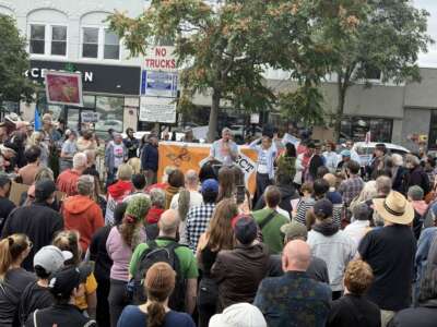 Over 400 residents of Rogers Park gather to protest ICE's presence in their neighborhood on October 11, 2025, in Chicago, Illinois.