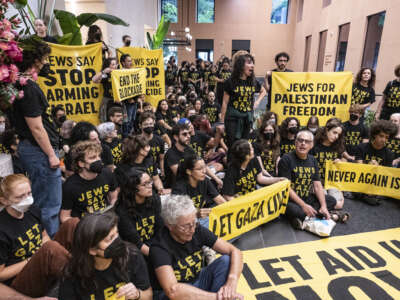 Protesters with Jewish Voice for Peace (JVP) occupy the offices of New York Senators Kirsten Gillibrand and Chuck Schumer to denounce their votes against halting arms shipments to Israel, on August 1, 2025, in New York City.