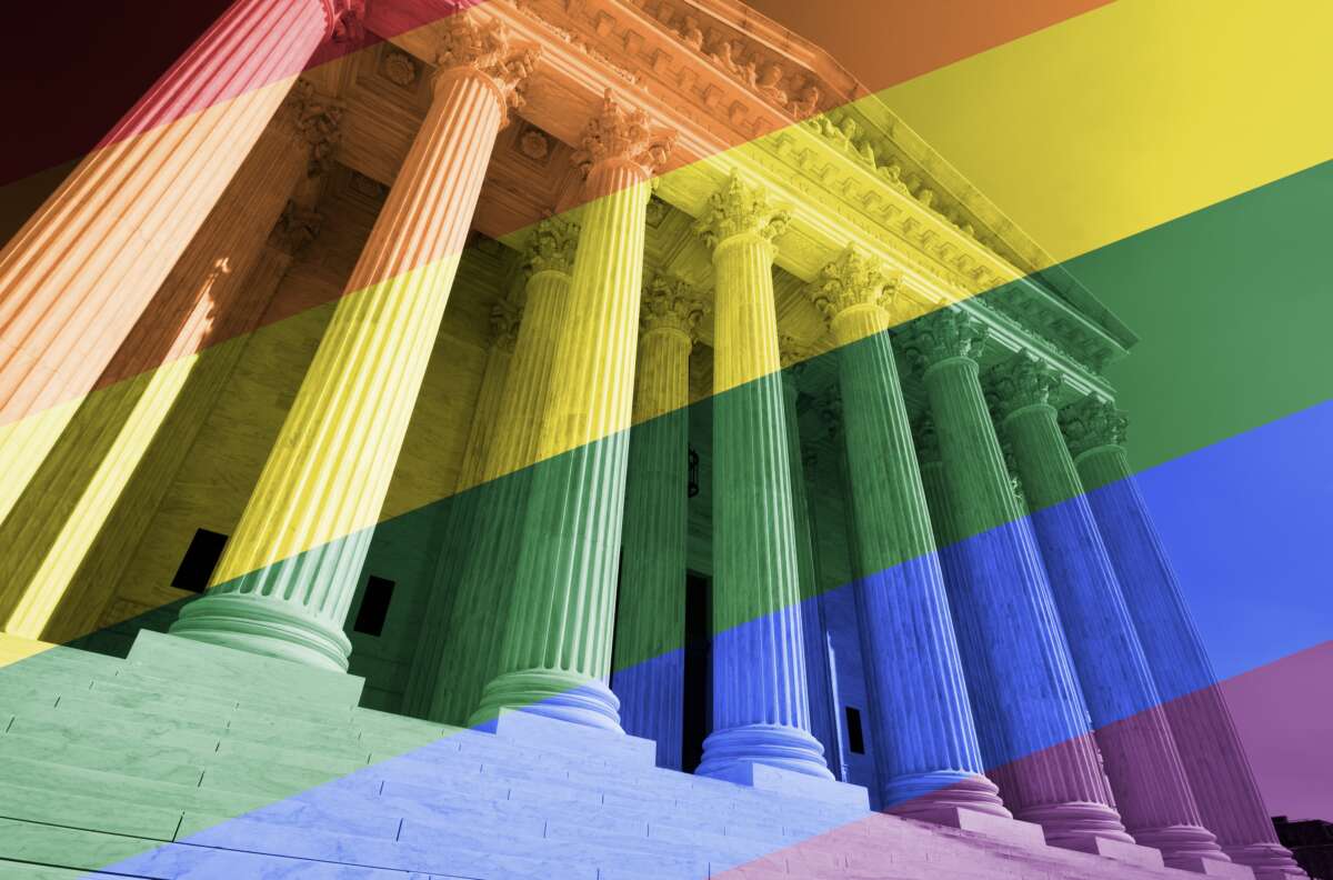 U.S. Supreme Court building with rainbow flag overlay