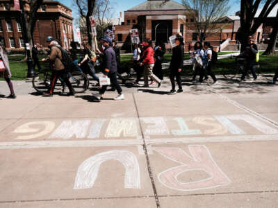 Rutgers students and faculty participate in a strike at the university's main campus on April 10, 2023, in New Brunswick, New Jersey.