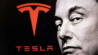 Double exposure photograph of a portrait of Elon Musk and his Tesla company logo at Kerlouan in Brittany, France, on May 21 2025.