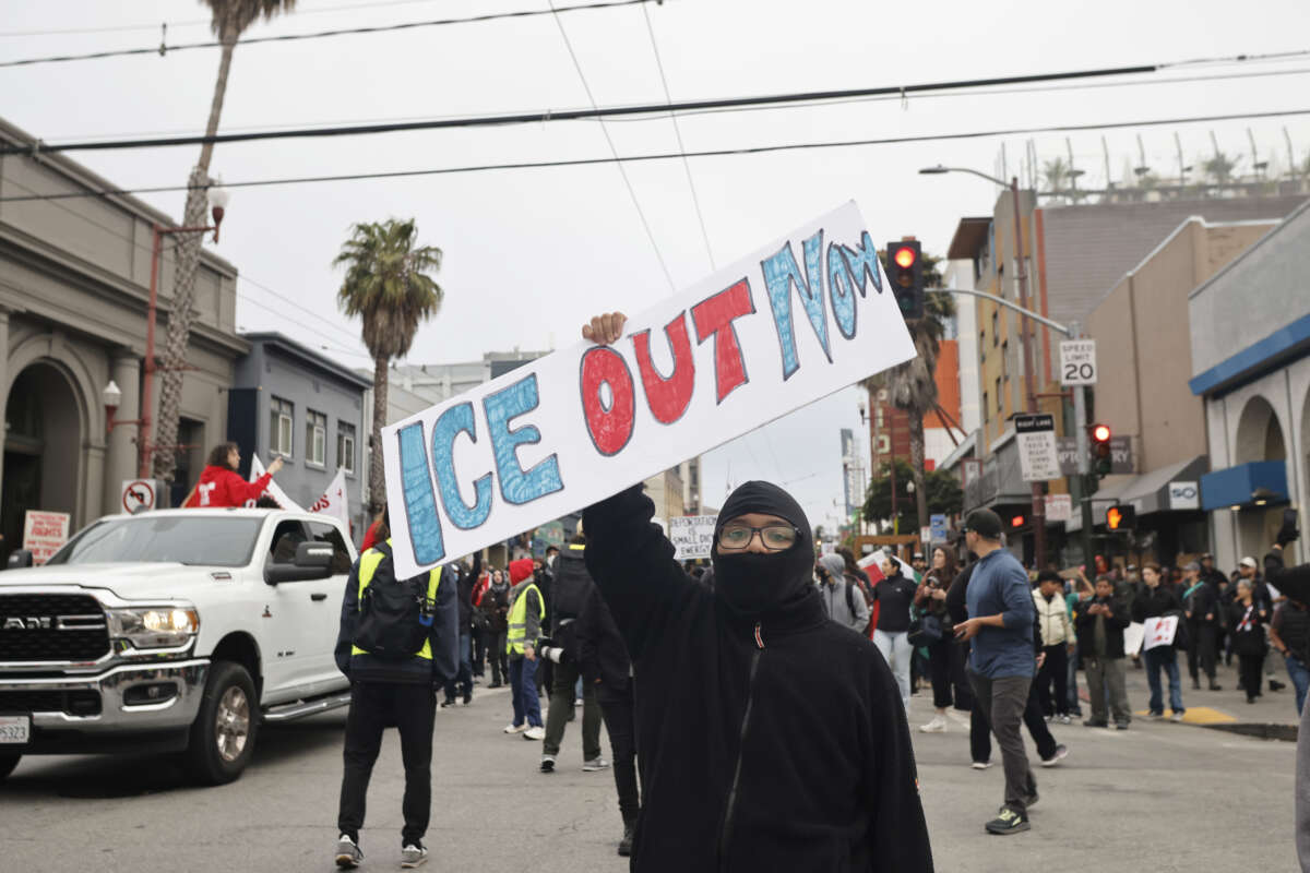 Demonstrators protest against President Donald Trump's immigration policies and ICE in San Francisco, California, on June 9, 2025.