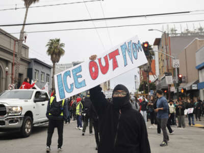 Demonstrators protest against President Donald Trump's immigration policies and ICE in San Francisco, California, on June 9, 2025.