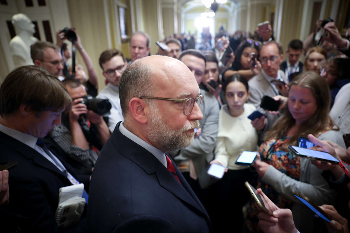 Russell Vought, Director of the Office of Management and Budget (OMB), speaks with reporters at the U.S. Capitol on July 15, 2025, in Washington, D.C.