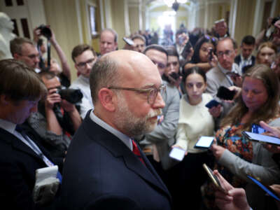 Russell Vought, Director of the Office of Management and Budget (OMB), speaks with reporters at the U.S. Capitol on July 15, 2025, in Washington, D.C.