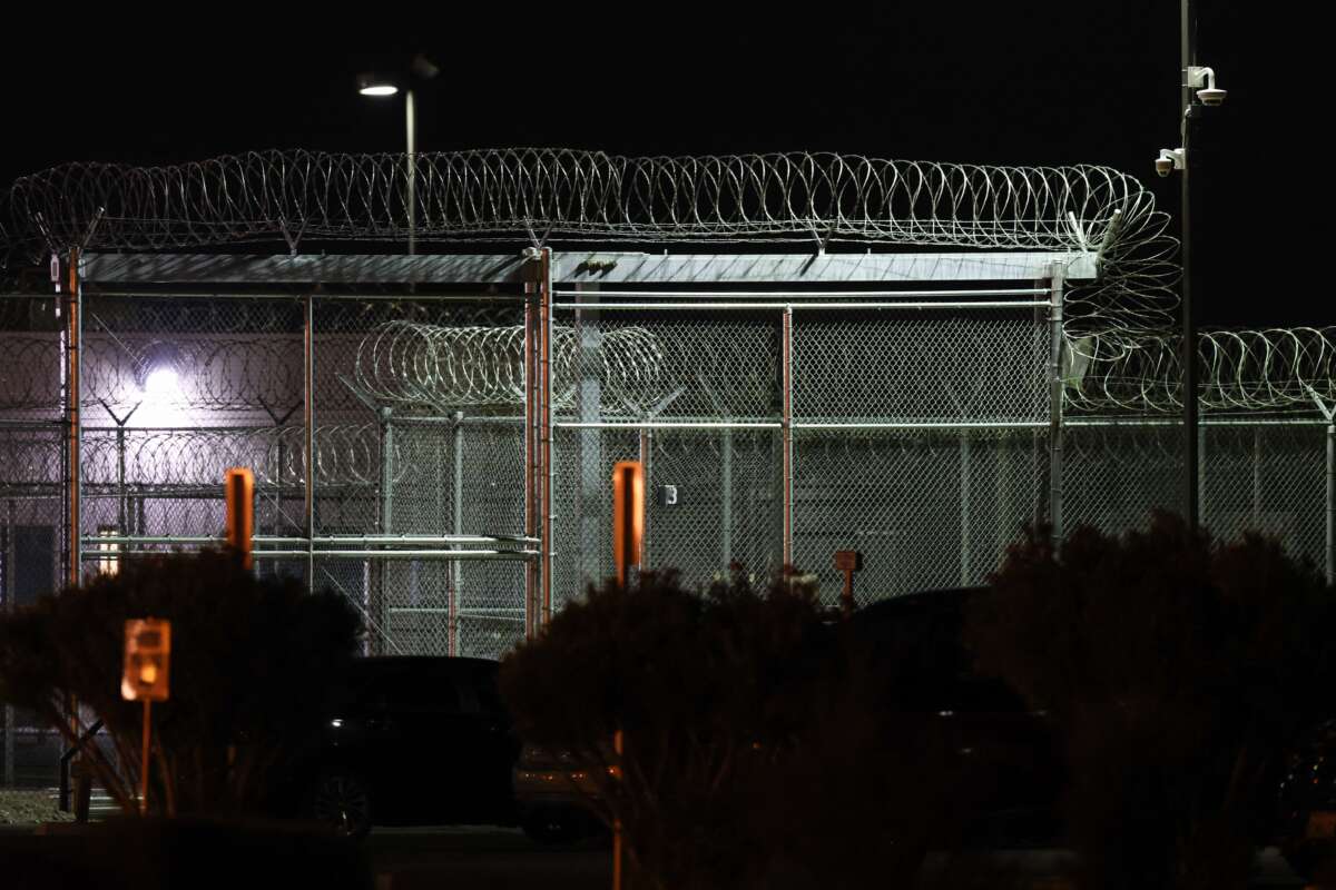 Barbed wire fencing surrounds the GEO Group’s Adelanto ICE Processing Center detention facility in Adelanto, California, on July 10, 2025.