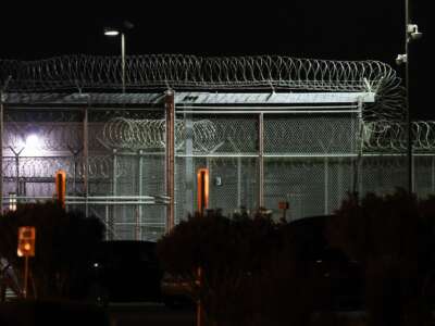 Barbed wire fencing surrounds the GEO Group’s Adelanto ICE Processing Center detention facility in Adelanto, California, on July 10, 2025.