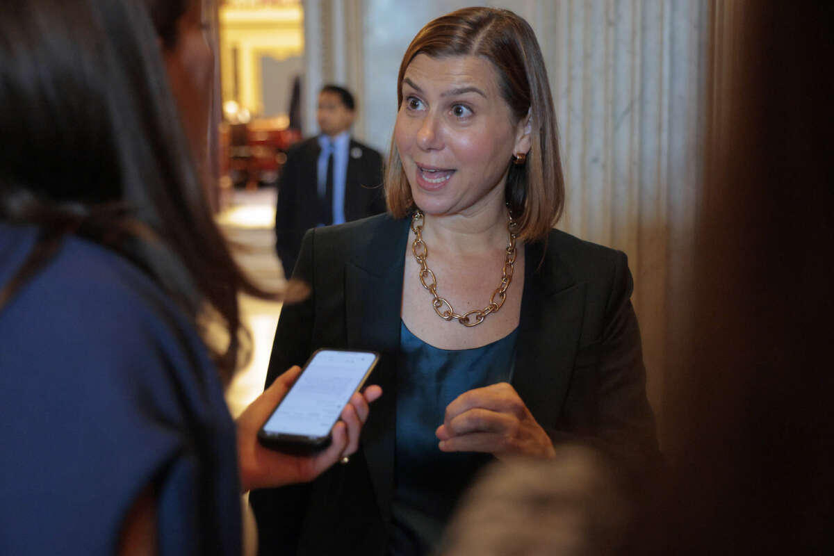 Sen. Elissa Slotkin speaks to a reporter following a vote at the U.S. Capitol on August 1, 2025, in Washington, D.C.