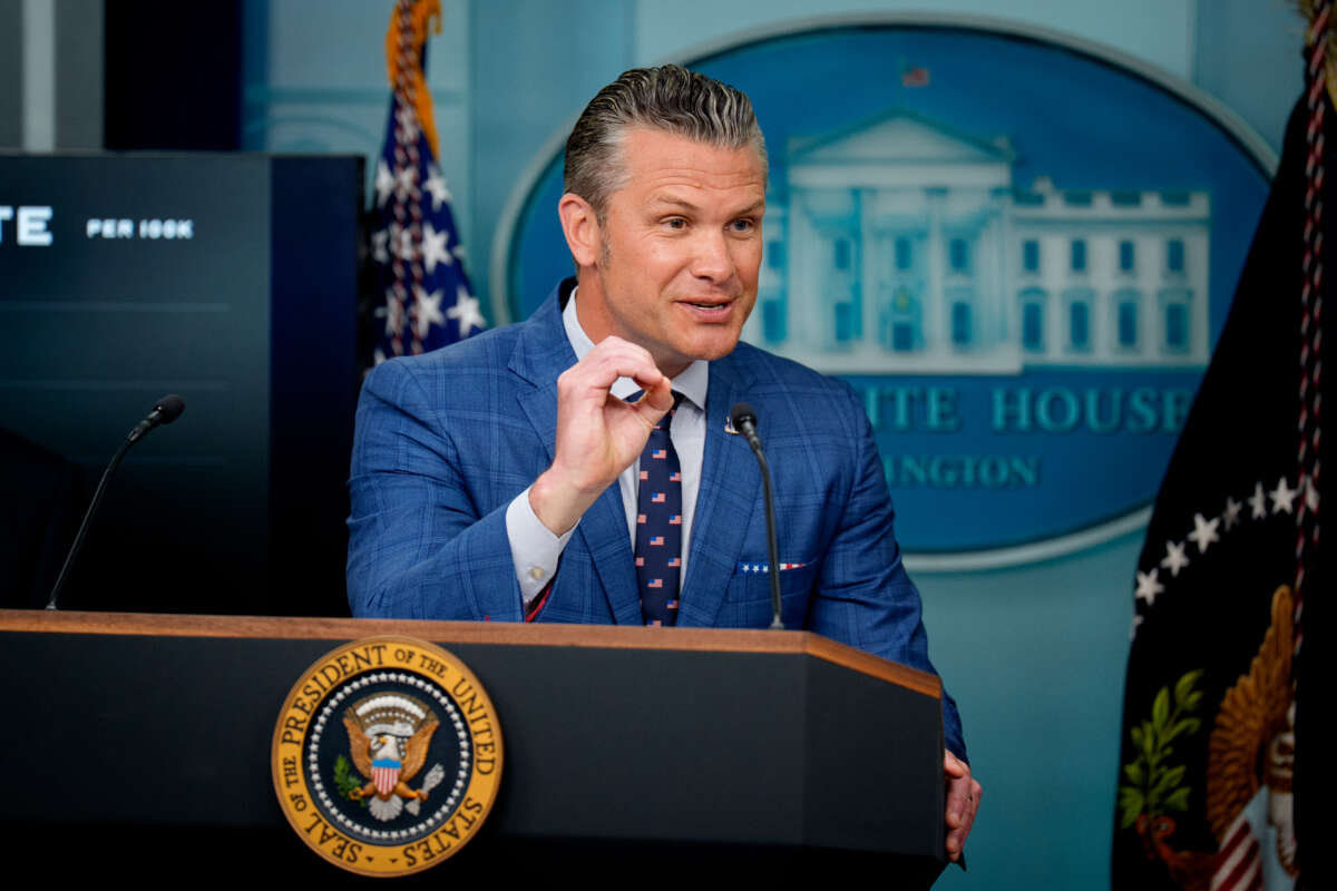 Defense Secretary Pete Hegseth speaks during a news conference in the James S. Brady Press Briefing Room of the White House August 11, 2025, in Washington, D.C.