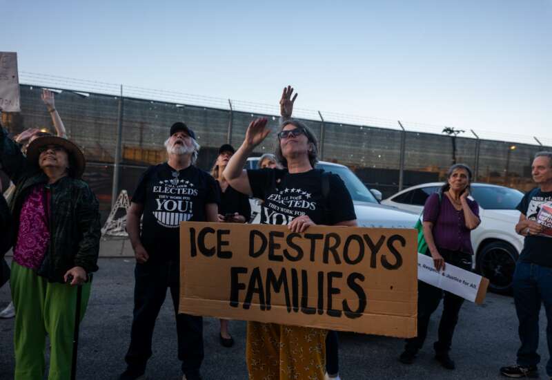 Dozens of people participate in an anti-Immigration and Customs Enforcement (ICE) rally outside of the Brooklyn Metropolitan Detention Center on September 2, 2025, in New York City.