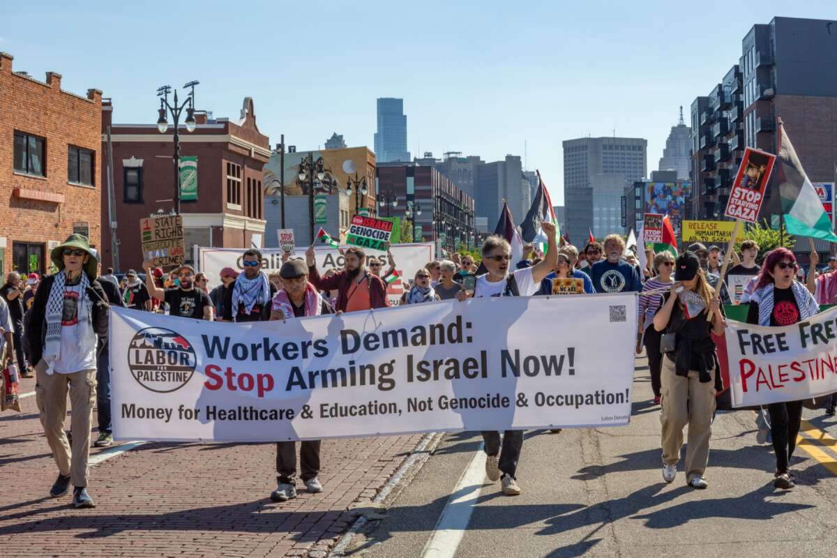 Labor for Palestine protests Israel's genocide in Gaza as part of Detroit's Labor Day parade on September 1, 2025.