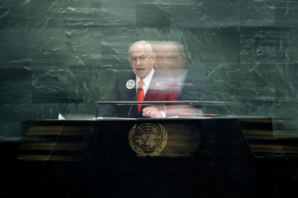 Israeli Prime Minister Benjamin Netanyahu addresses world leaders during the United Nations General Assembly (UNGA) at the United Nations headquarters on September 26, 2025, in New York City.