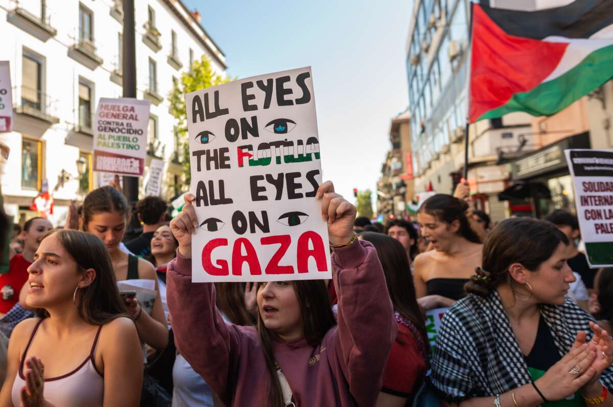 Students demonstrate in support of the Palestinian people in Madrid, Spain, on October 2, 2025.