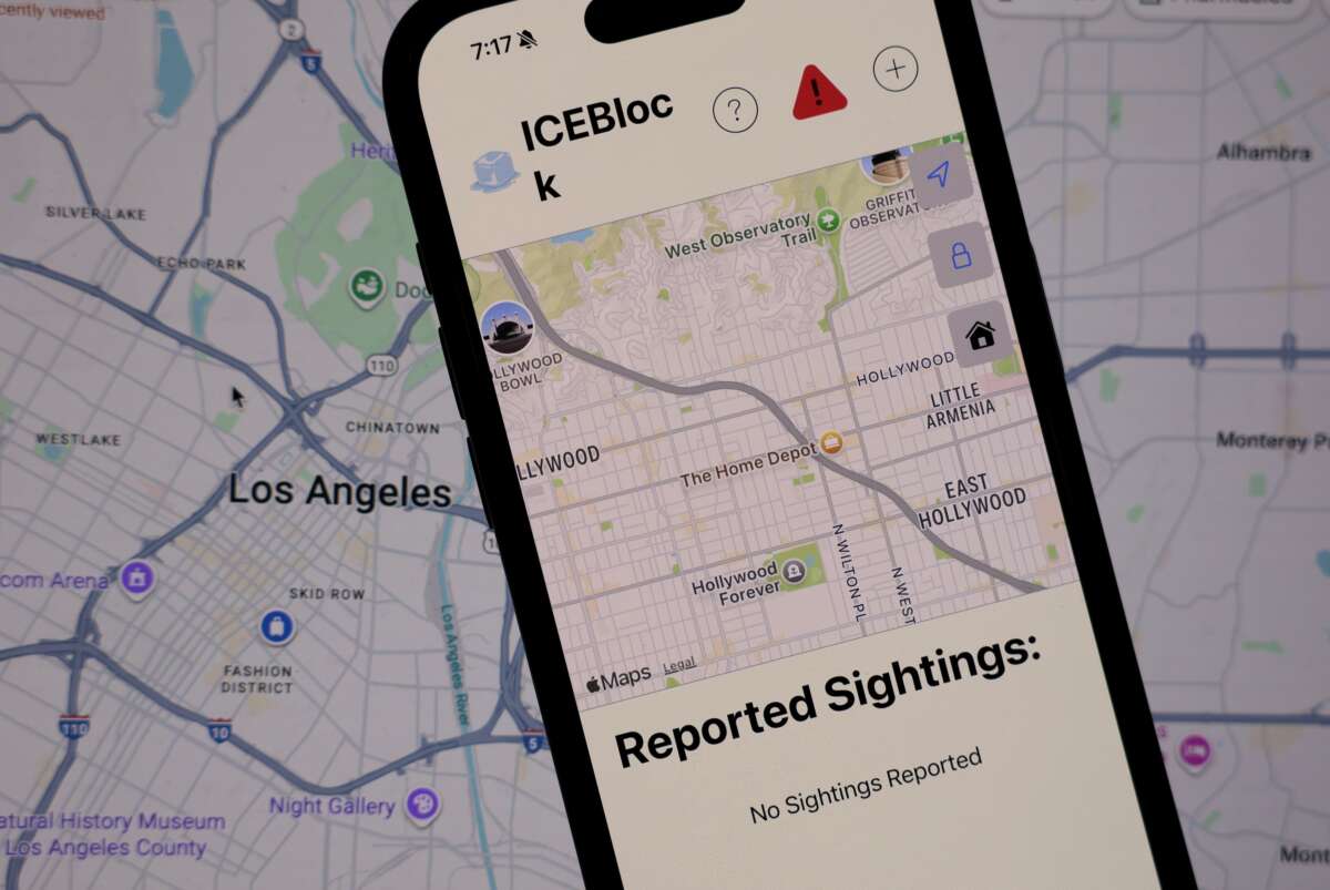 In this photo illustration, the ICEBlock app is displayed on an Apple iPhone on October 2, 2025, in Los Angeles, California. Apple has removed the ICEBlock app from the App Store after a request by U.S. Attorney General Pam Bondi The immigration enforcement tracking app enables users to report ICE agent sightings in real time.