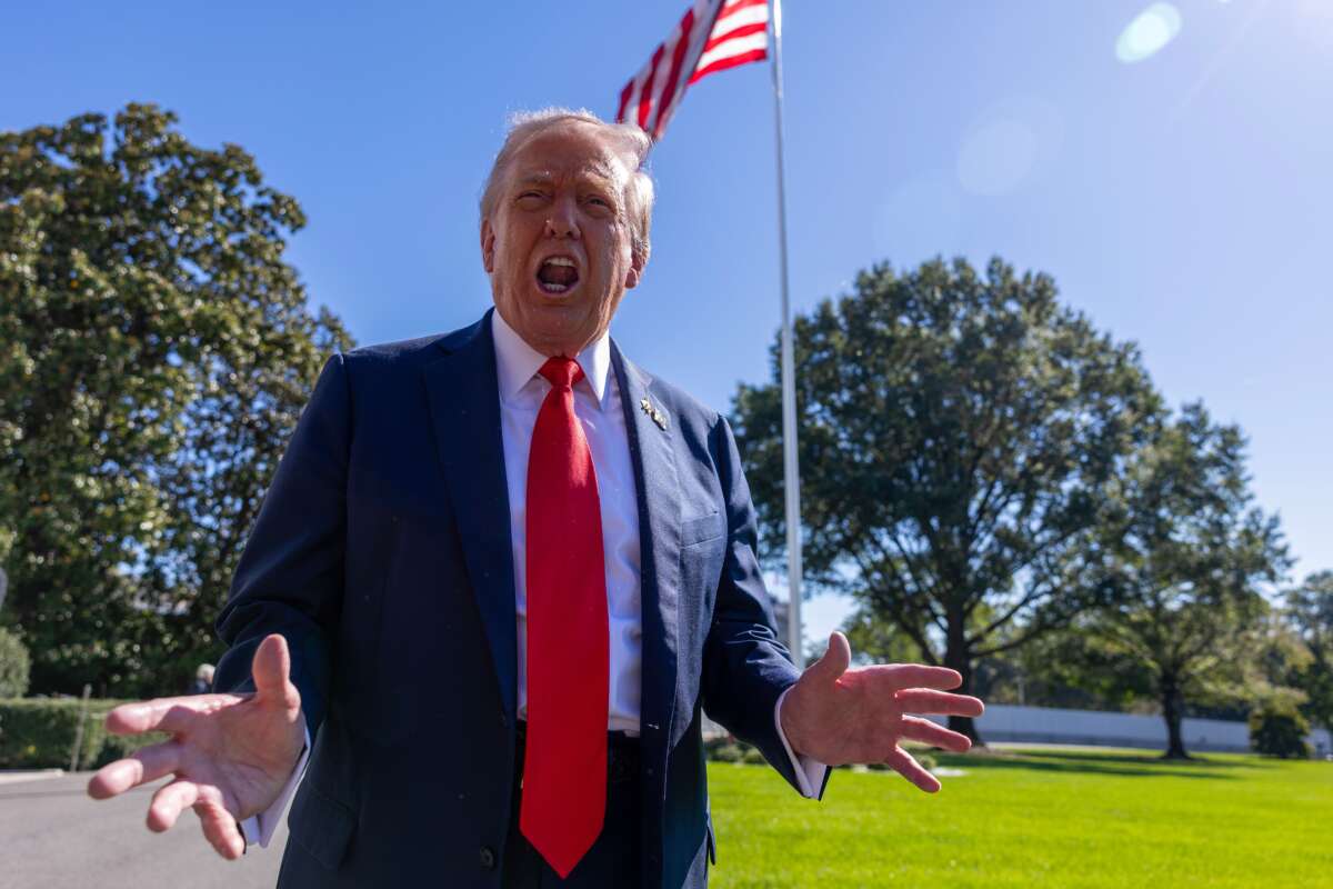 U.S. President Donald Trump talks to the media before heading to Marine One on the south lawn of the White House on October 5, 2025, in Washington, D.C.