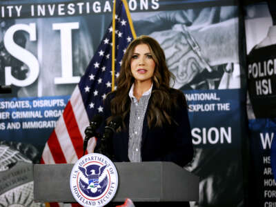 Department of Homeland Security Secretary Kristi Noem speaks during a press conference at a federal office building on October 20, 2025, in Bradenton, Florida.