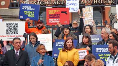 Massachusetts Attorney General Andrea Campbell speaks at a rally at the State House, where people gathered to urge the government to act quickly to ensure families get November SNAP on time, on October 28, 2025.