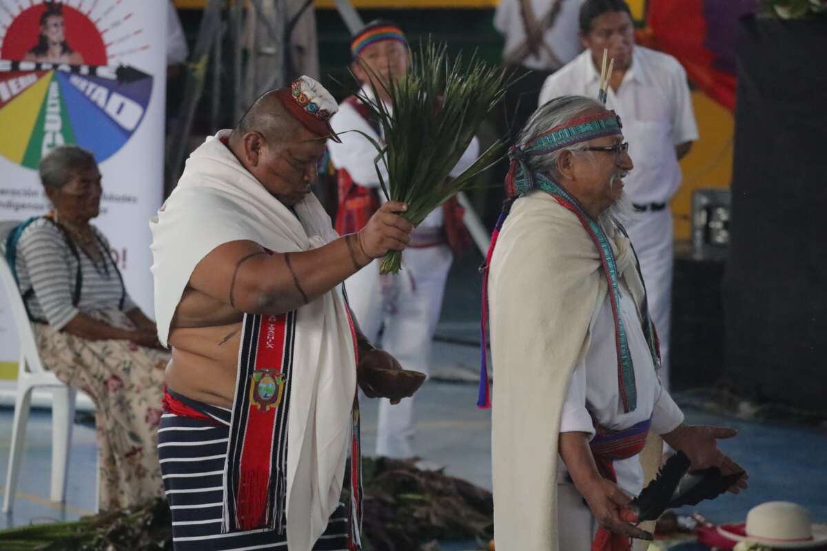 An Indigenous shaman uses plants during a cleansing ceremony for the inauguration of CONAIE President Marlon Vargas, in the Amazonian city of Puyo, Pastaza, Ecuador, on August 9, 2025.