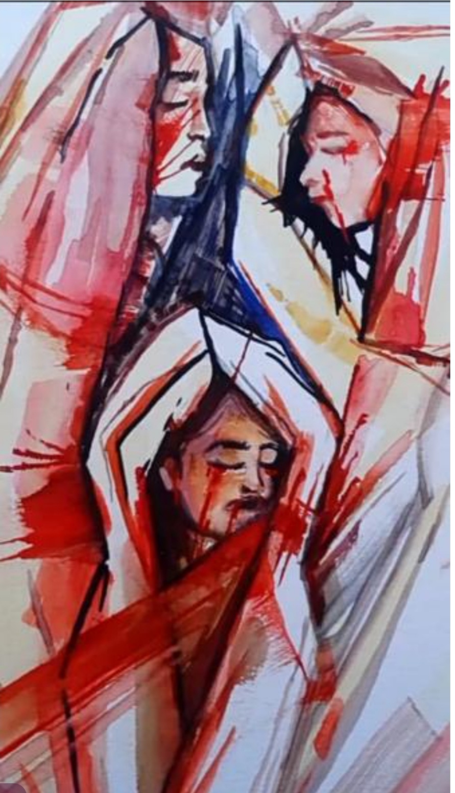 This is the painting Frans Al-Salmi was in the process of creating at the moment she was killed — her brush drenched in the colors of Gaza’s pain. As she painted the shrouded martyrs, she unknowingly sealed her final masterpiece with her own blood and truth.