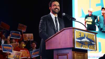 New York Mayoral Candidate Zohran Mamdani speaks during an election rally with Sen. Bernie Sanders (I-VT) and U.S. Rep. Alexandria Ocasio-Cortez (D-NY) at Forest Hills Stadium on October 26, 2025 in the Queens borough of New York City.