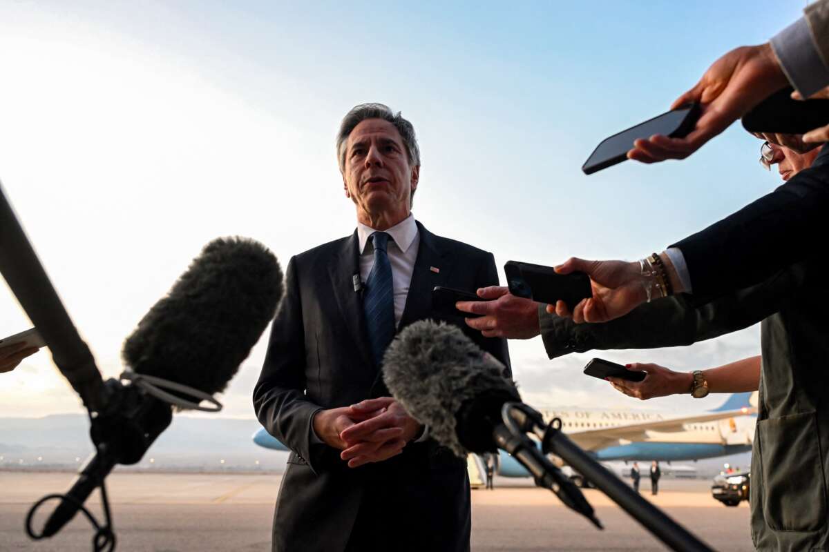US Secretary of State Antony Blinken speaks to reporters on the tarmac before his departure from King Hussein International Airport in Jordan's southern Red Sea coastal city of Aqaba on December 12, 2024.