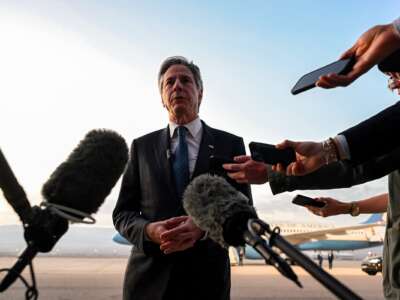 US Secretary of State Antony Blinken speaks to reporters on the tarmac before his departure from King Hussein International Airport in Jordan's southern Red Sea coastal city of Aqaba on December 12, 2024.