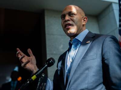 House Minority Leader Hakeem Jeffries (D-New York) speaks during a news conference at the U.S. Capitol on November 6, 2025 in Washington, D.C.