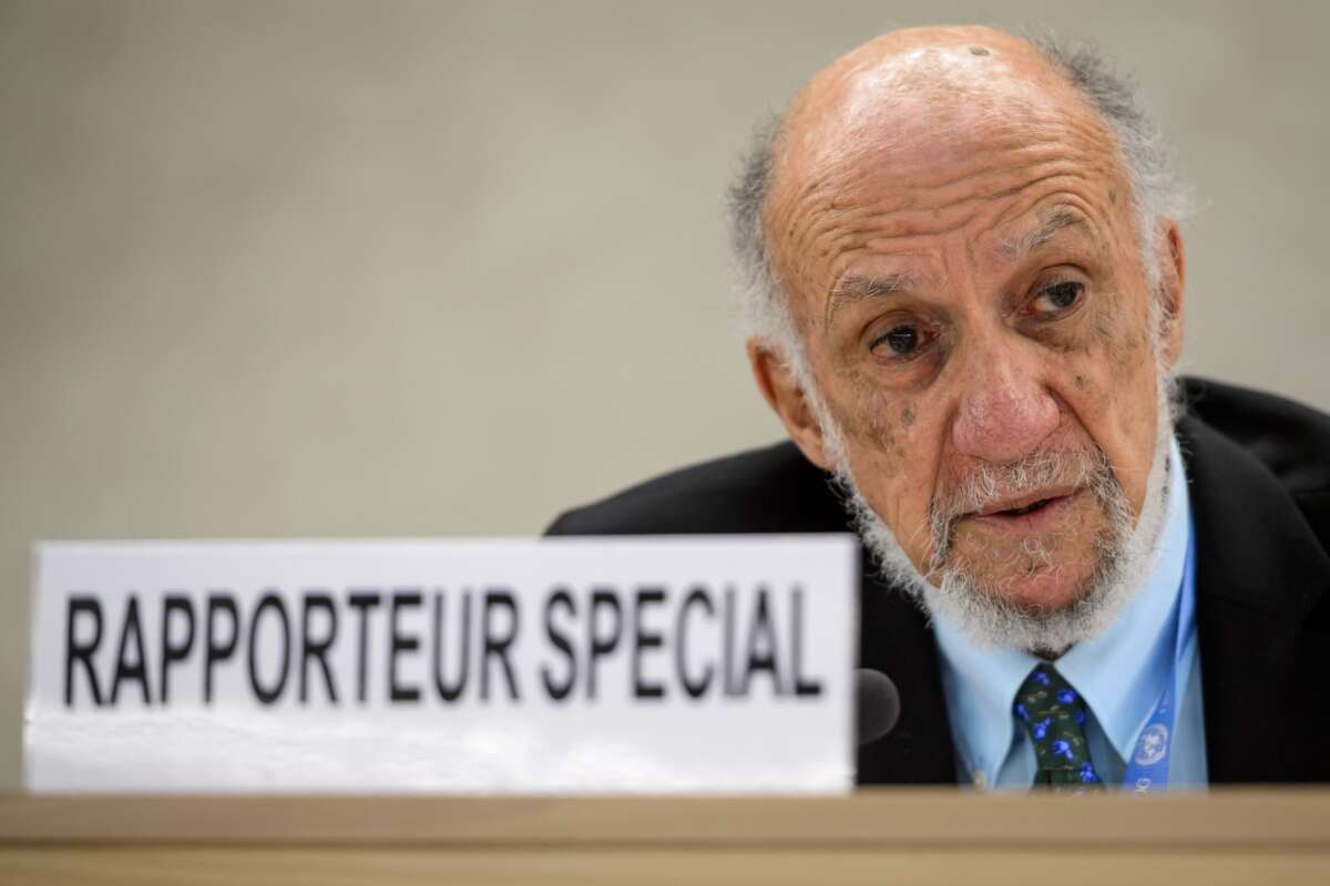 United Nations special rapporteur on the human rights situation in the Palestinian territories Richard Falk presents his final report before the UN Human Rights Council on March 24, 2014 in Geneva.
