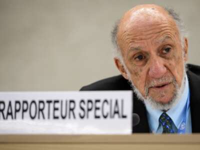 United Nations special rapporteur on the human rights situation in the Palestinian territories Richard Falk presents his final report before the UN Human Rights Council on March 24, 2014 in Geneva.