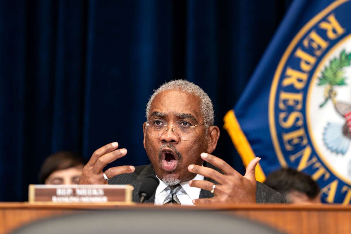 Ranking member Rep. Gregory Meeks (D-New York) gestures while speaking during a House Foreign Affairs Committee hearing on the U.S. Agency for International Development in the Rayburn House Office Building on February 13, 2025 in Washington, D.C.