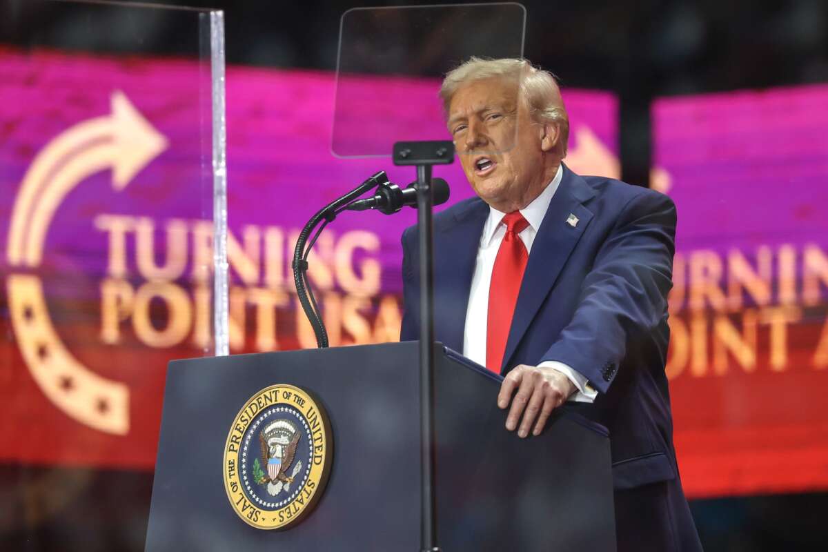 U.S. President Donald Trump speaks during the memorial service for political activist Charlie Kirk at State Farm Stadium on September 21, 2025 in Glendale, Arizona.