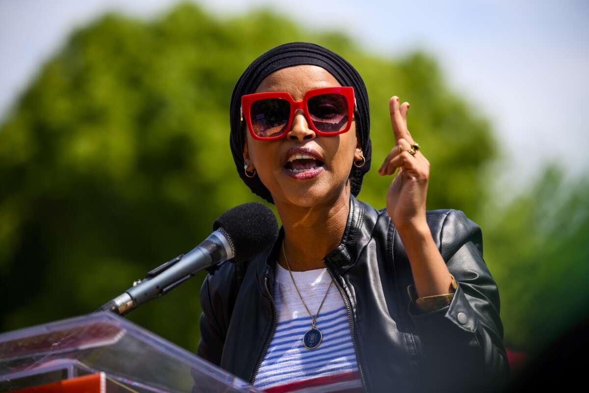 Rep. Ilhan Omar, a Democrat from Minnesota, gives a speech following a march to Lafayette Square "demanding justice, fair treatment, and protections for all workers" on May 1, 2025 in Washington, D.C.