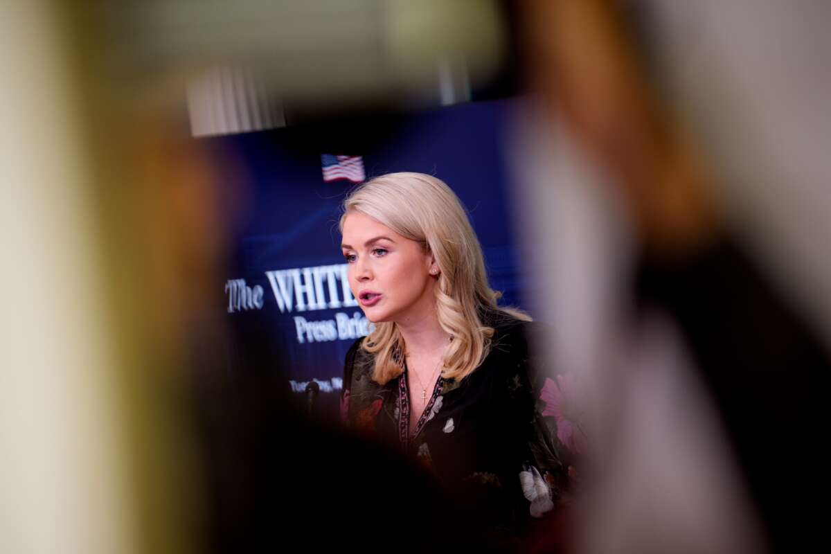 White House press secretary Karoline Leavitt speaks during the daily press briefing in the Brady Press Briefing Room at the White House on November 4, 2025 in Washington, D.C.